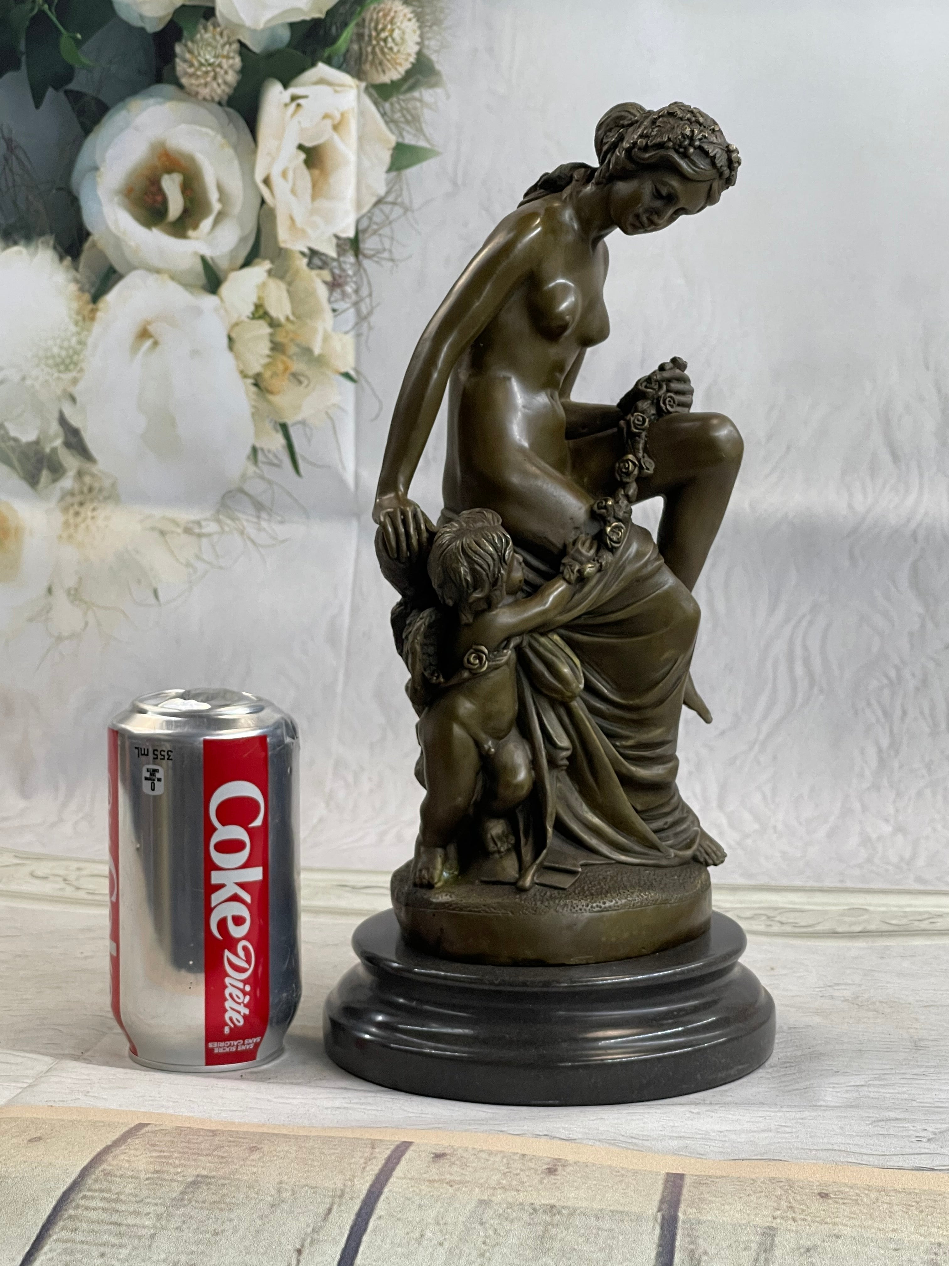 Nude Mother & Child Woman w/ Cherub Classical Bronze Statue Sculpture Figure 13" x 6"