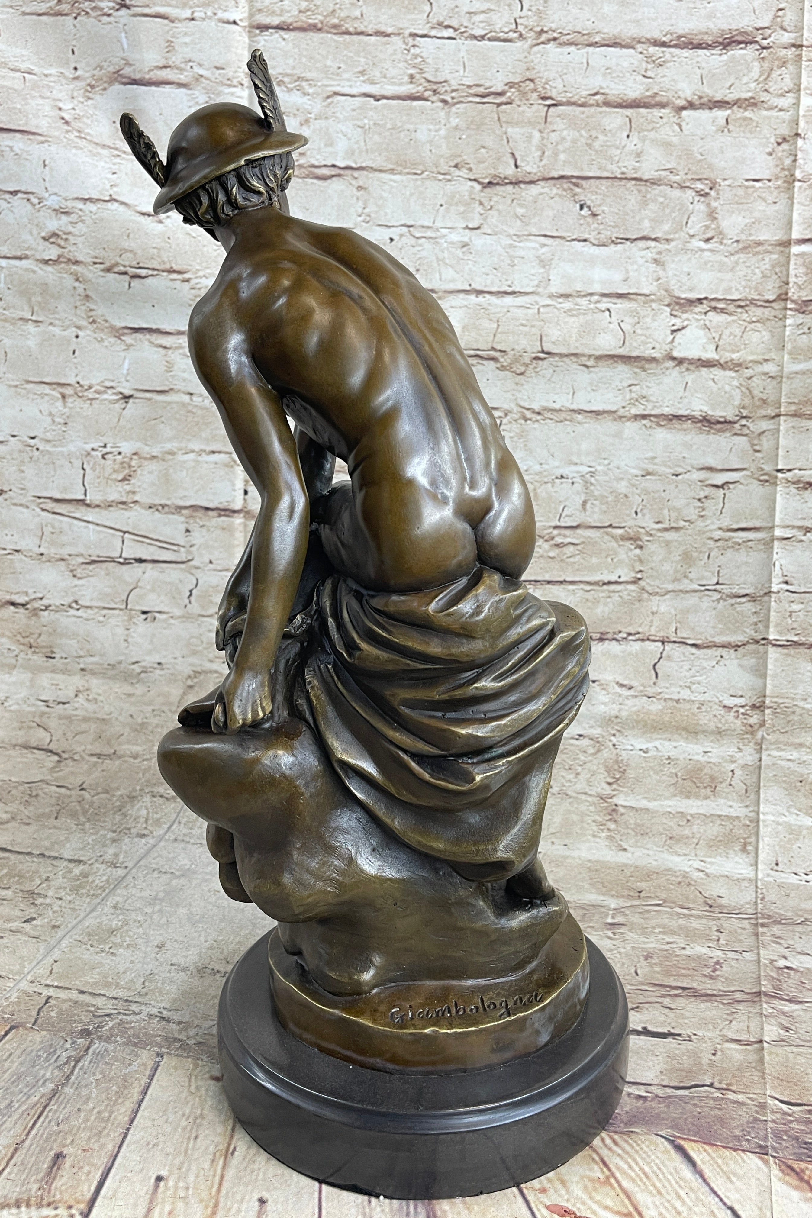 Mercury Hermes Greek Roman God Bronze Sculpture on Marble Base