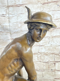 Mercury Hermes Greek Roman God Bronze Sculpture on Marble Base