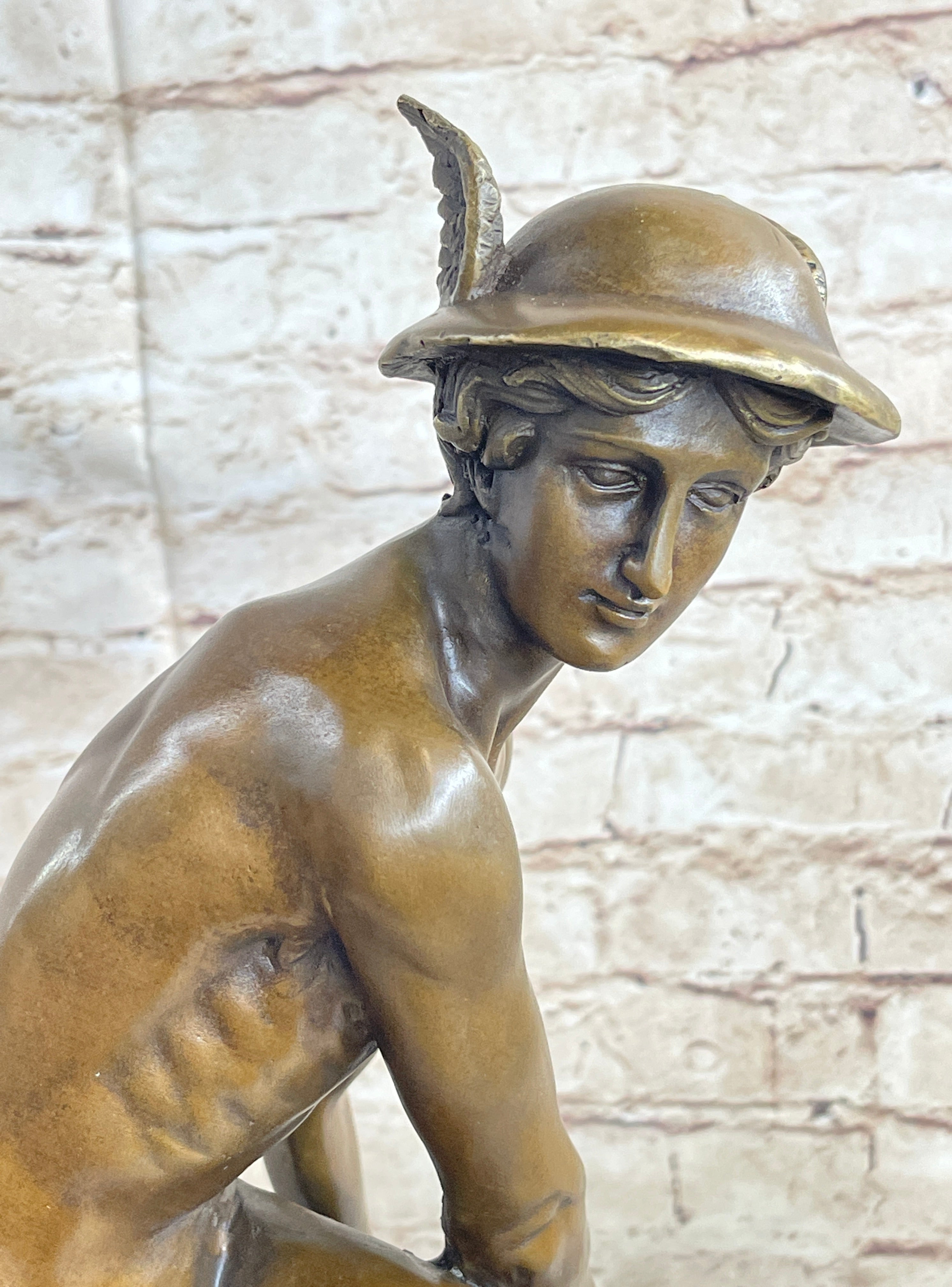 Mercury Hermes Greek Roman God Bronze Sculpture on Marble Base