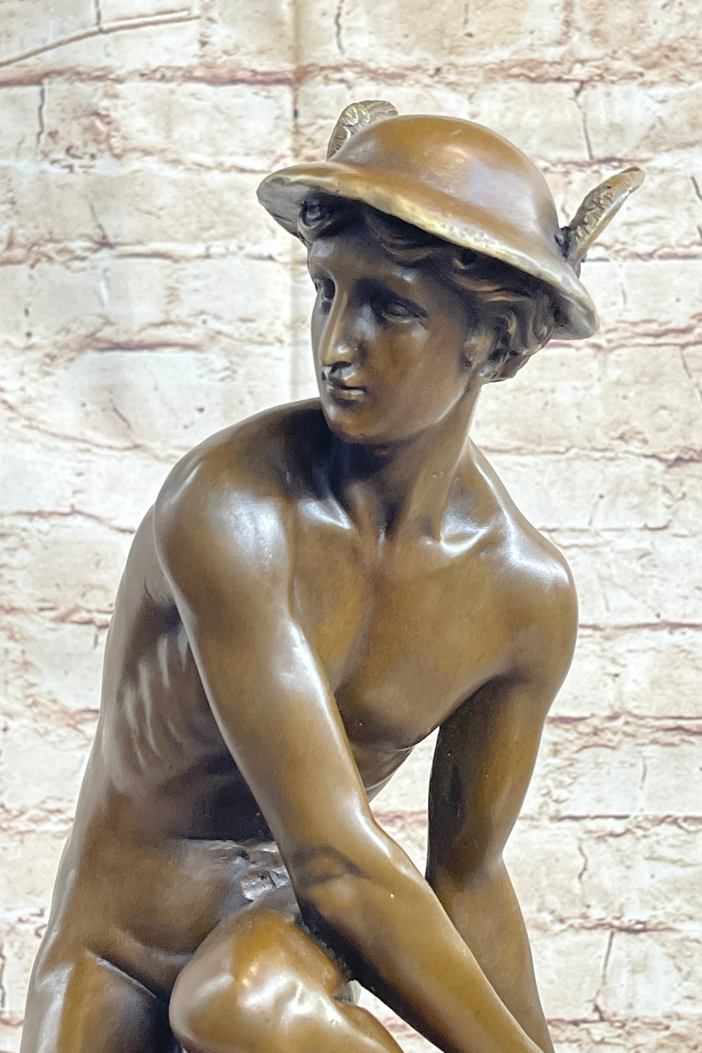 Mercury Hermes Greek Roman God Bronze Sculpture on Marble Base