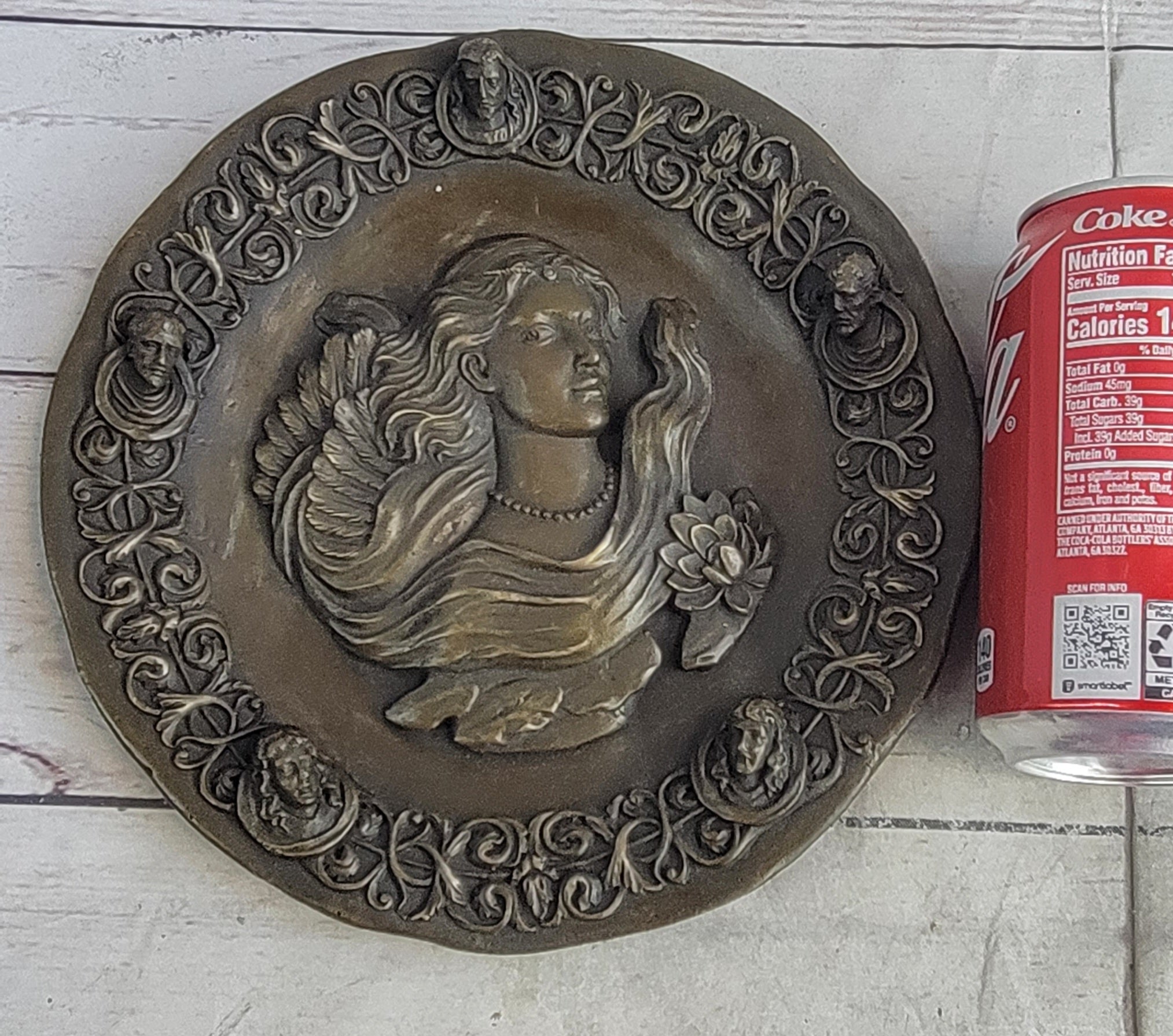 Art Nouveau Female Portrait Bronze Wall Plate Signed