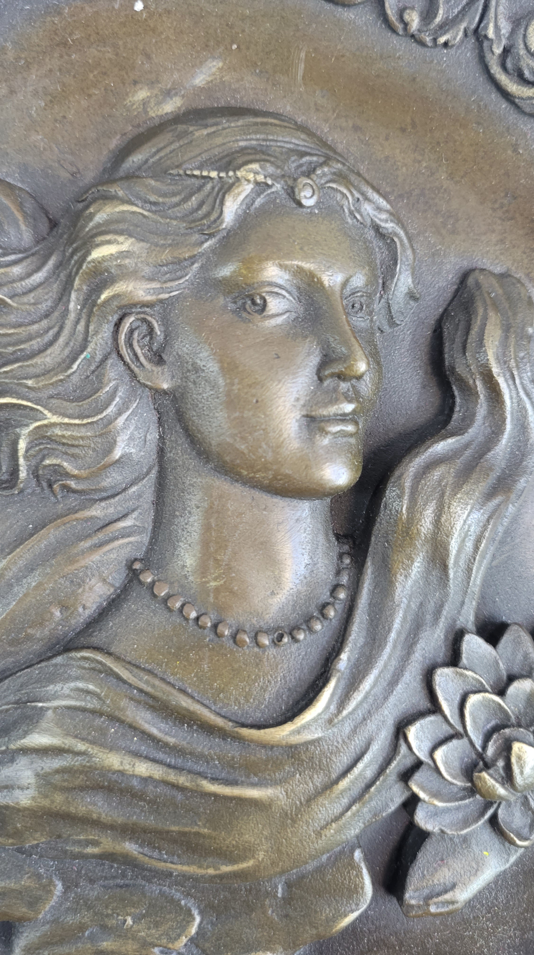 Art Nouveau Female Portrait Bronze Wall Plate Signed