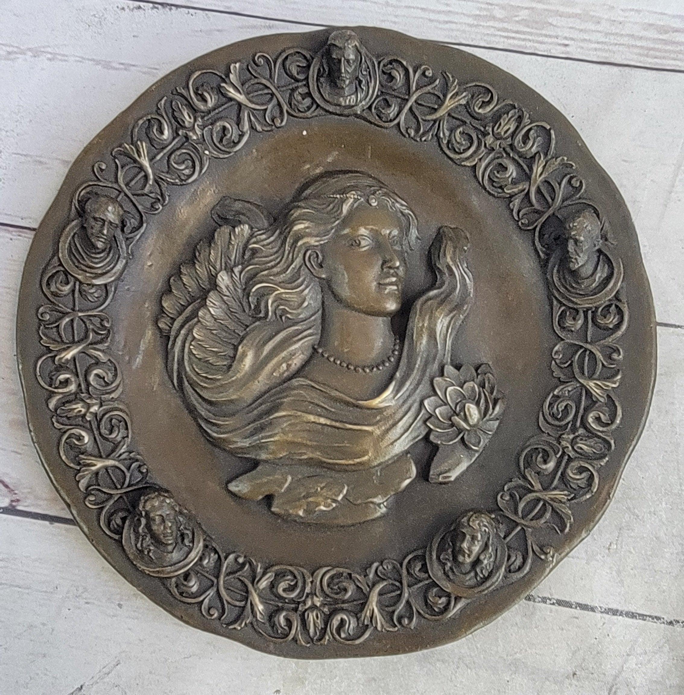 Art Nouveau Female Portrait Bronze Wall Plate Signed