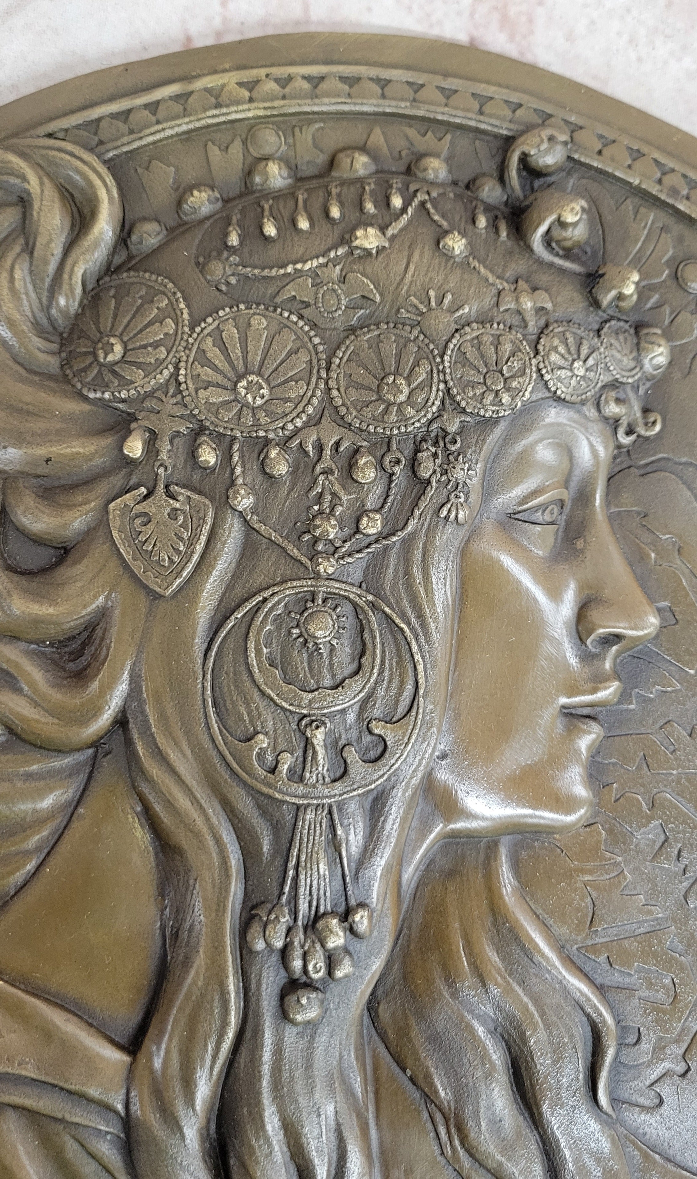 Signed Emperor Egyptian Princess Wall Mount Bas Relief Bronze