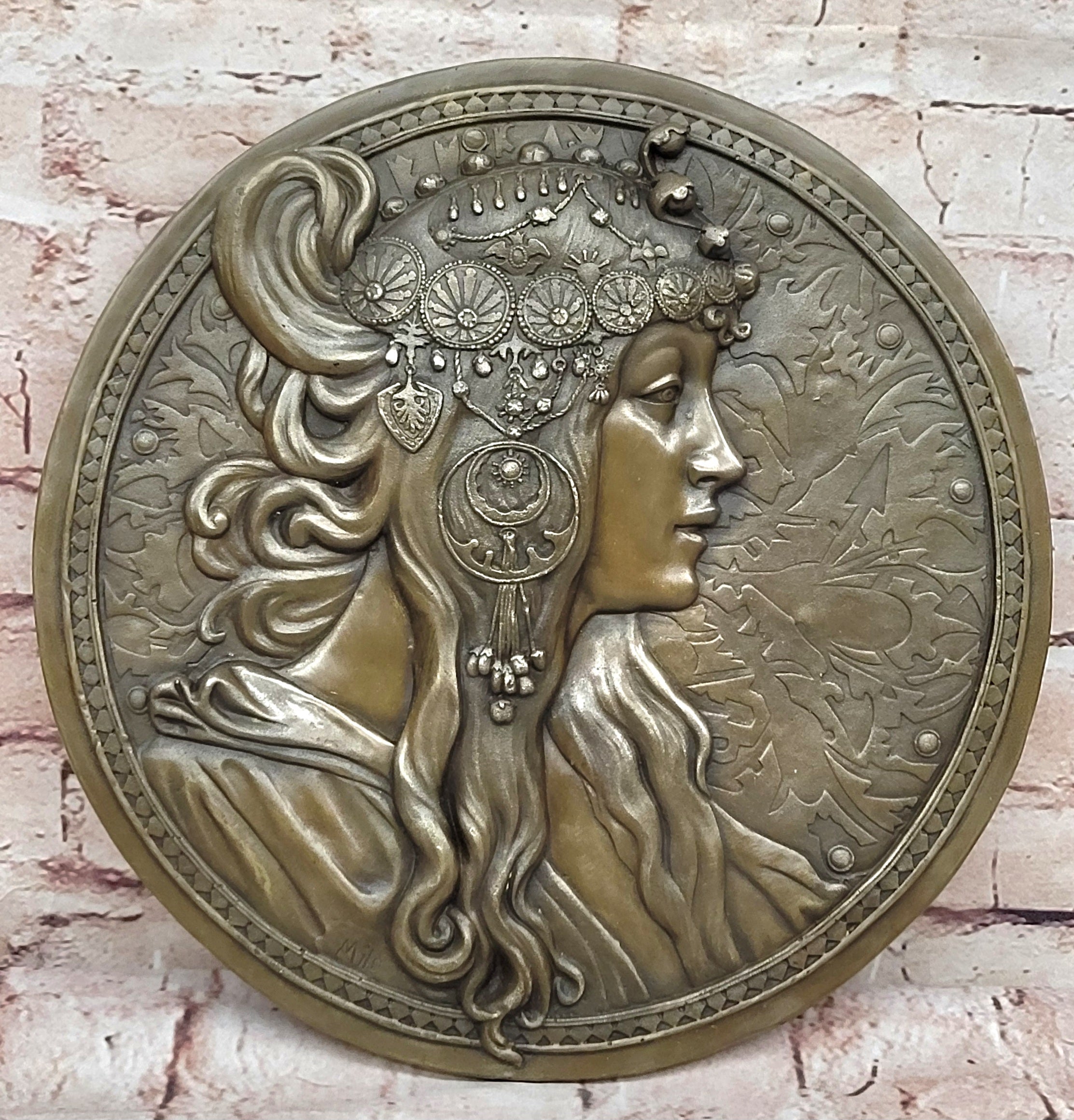 Signed Emperor Egyptian Princess Wall Mount Bas Relief Bronze