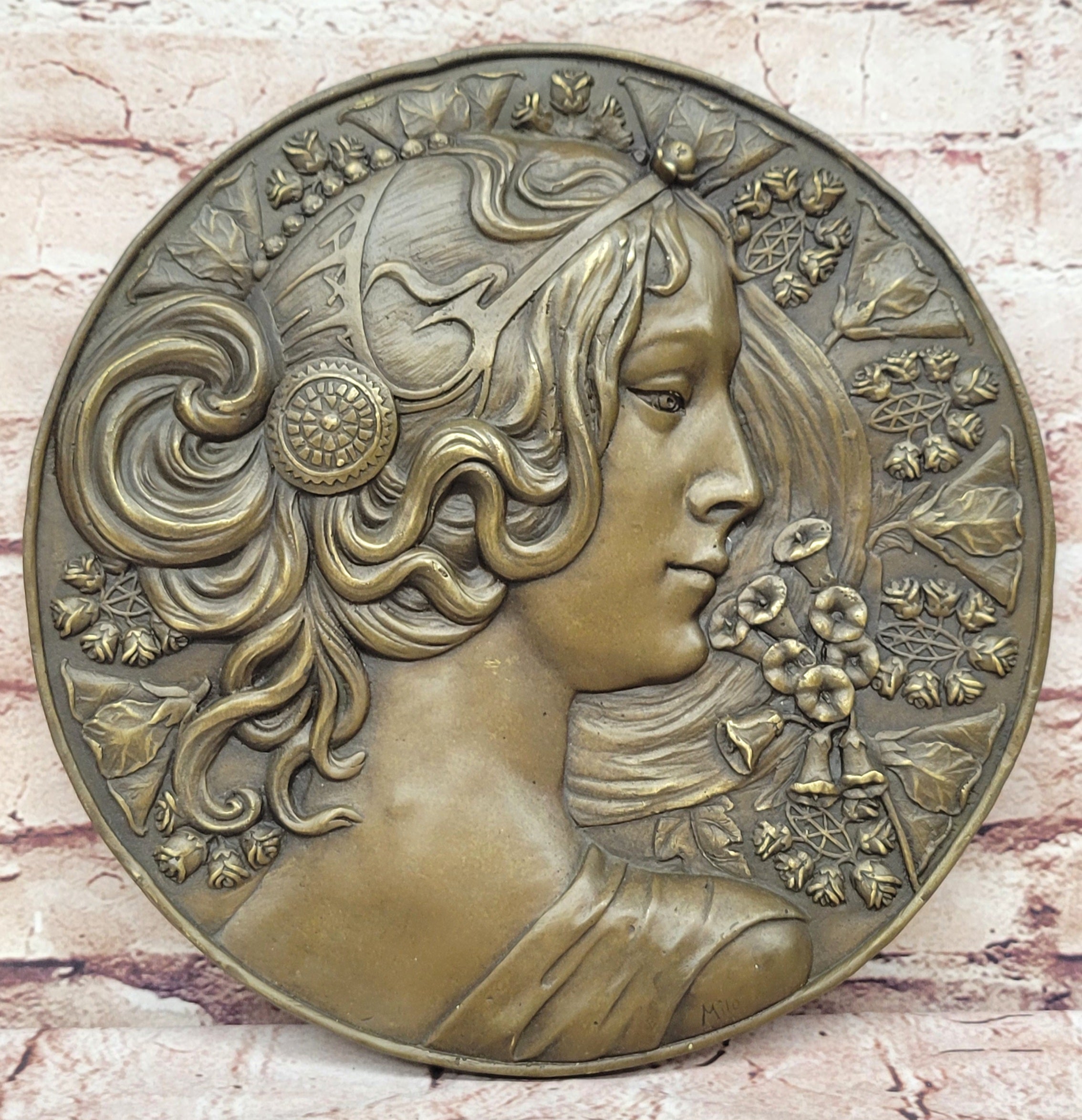 Art Nouveau Maiden Bronze Female Profile Wall Plaque by Milo