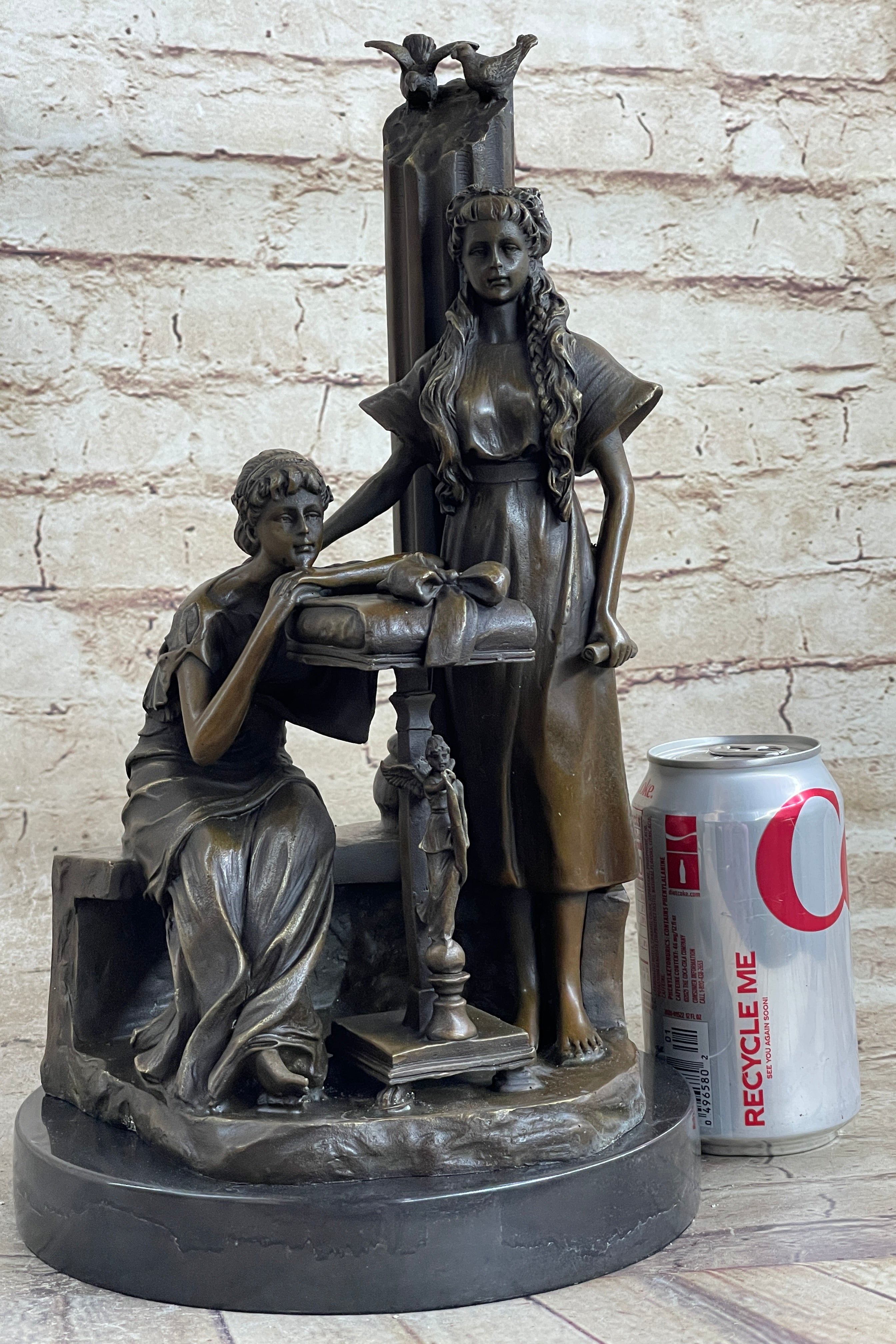 Two Young Girls w/ Book & Column Bronze Sculpture Moreau 14" x 8"
