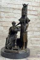 Two Young Girls w/ Book & Column Bronze Sculpture Moreau 14" x 8"