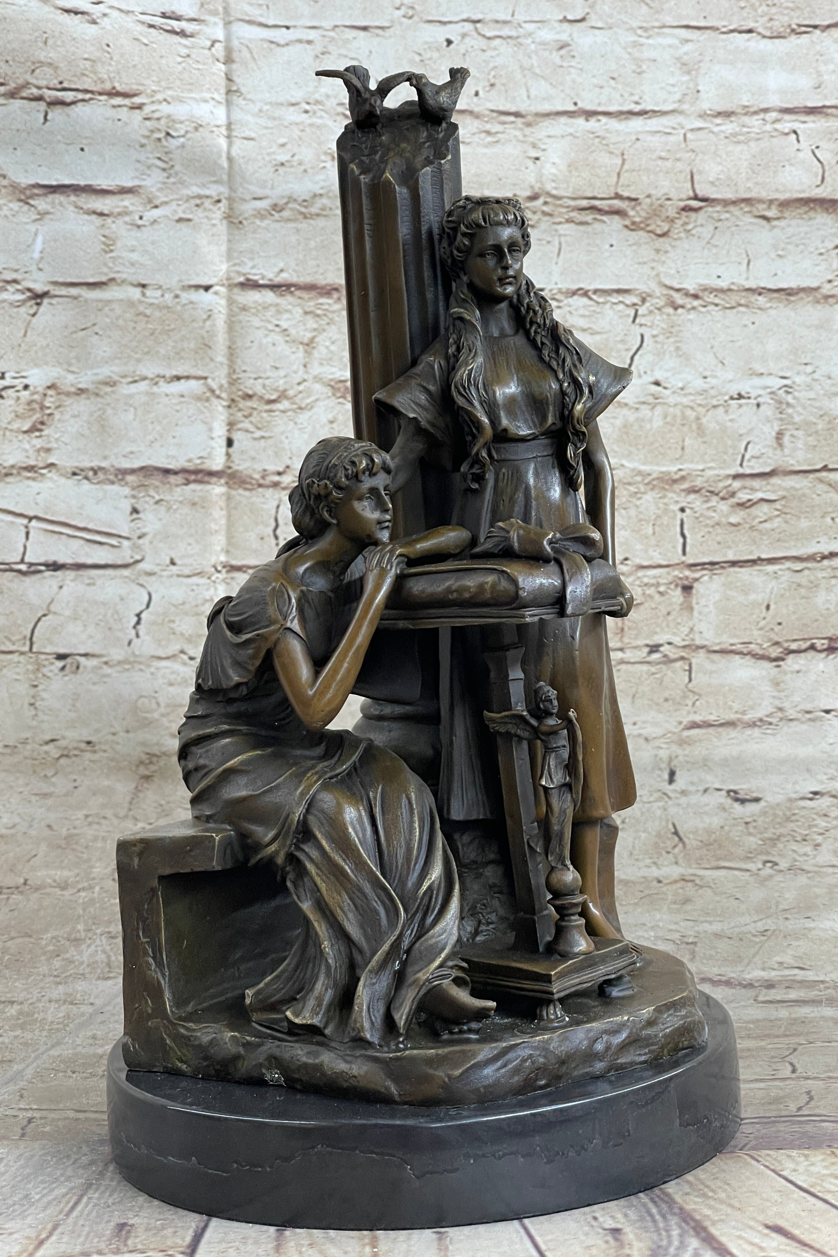 Two Young Girls w/ Book & Column Bronze Sculpture Moreau 14" x 8"
