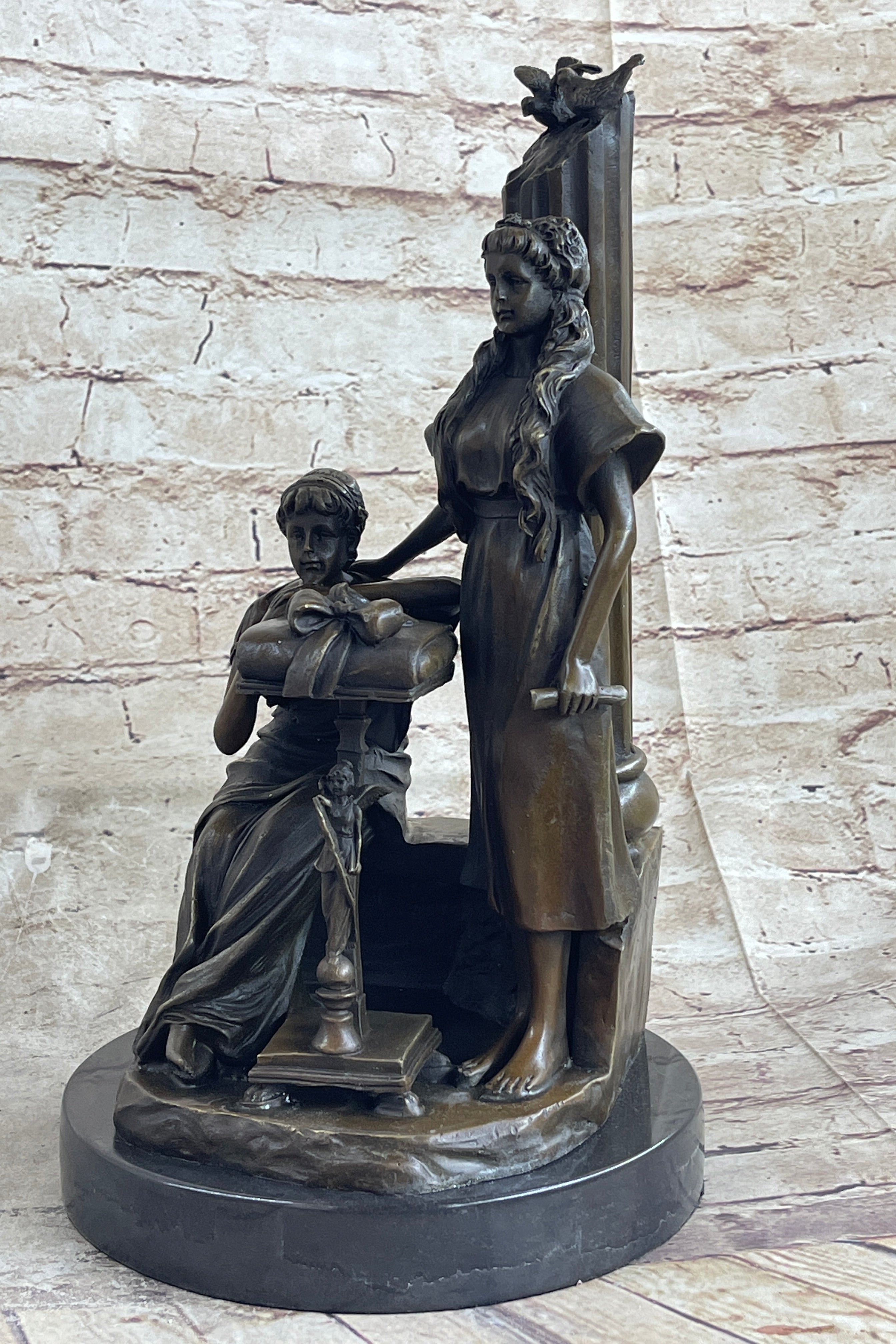 Two Young Girls w/ Book & Column Bronze Sculpture Moreau 14" x 8"