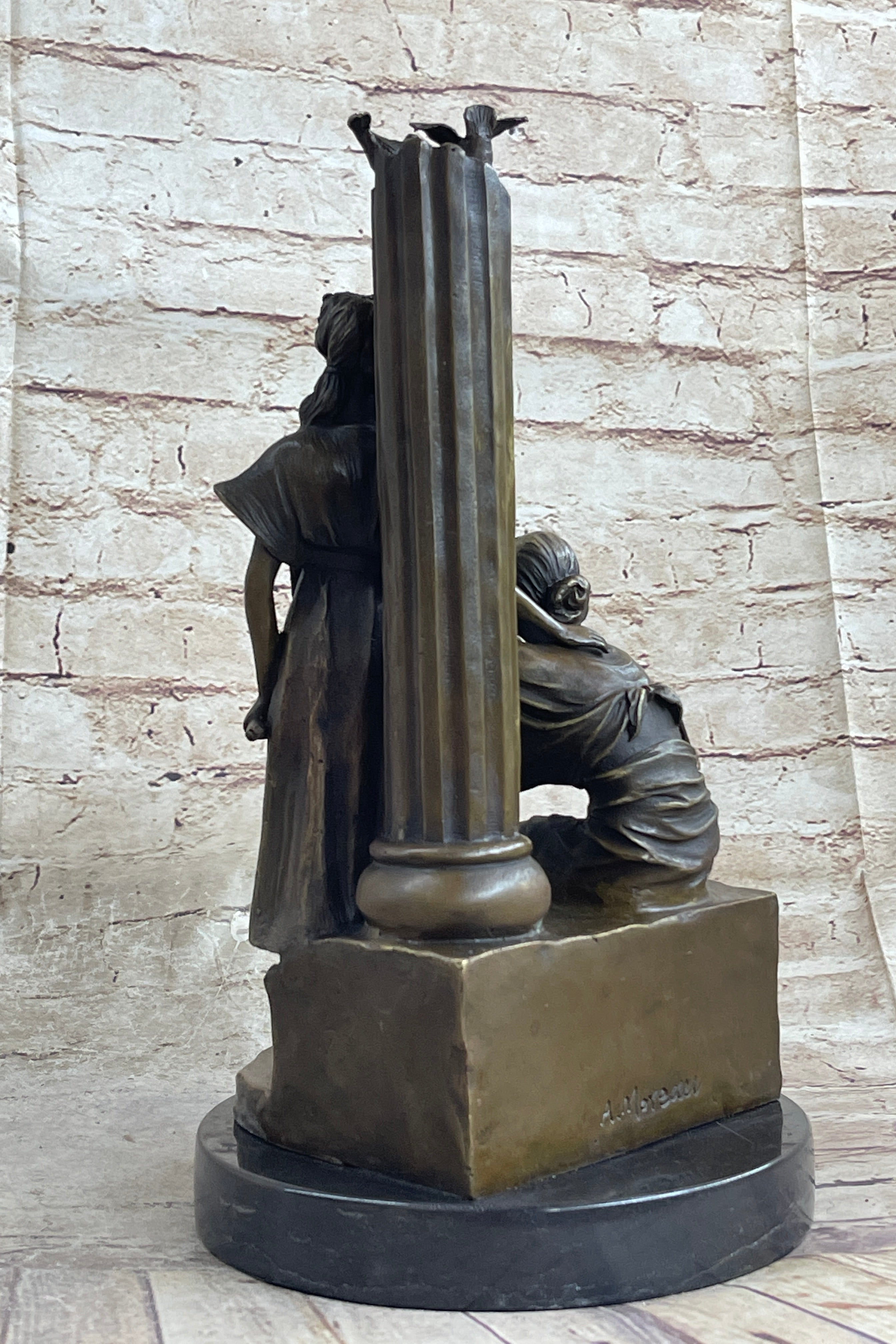 Two Young Girls w/ Book & Column Bronze Sculpture Moreau 14" x 8"