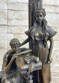 Two Young Girls w/ Book & Column Bronze Sculpture Moreau 14" x 8"