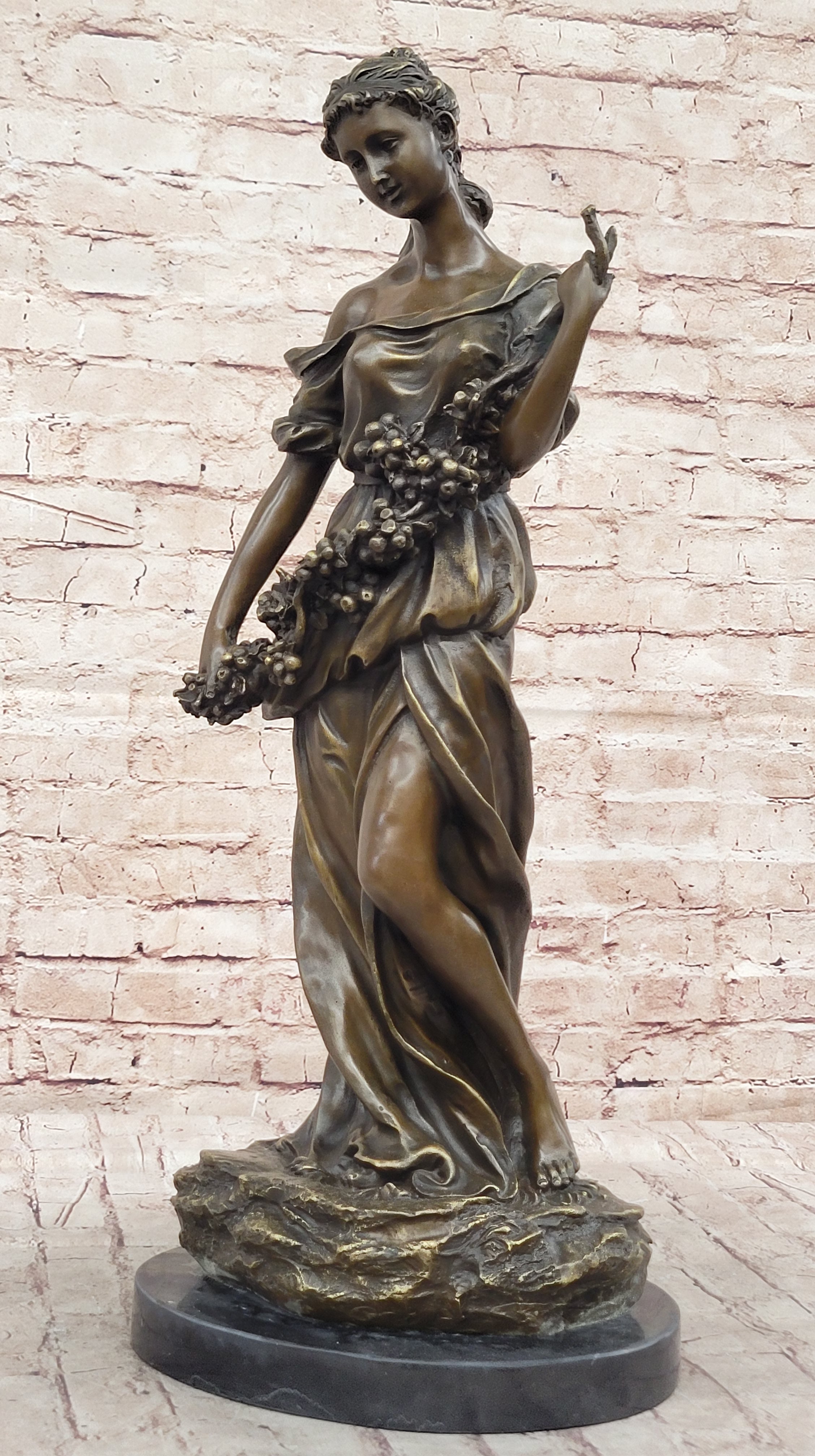 Classical Woman Harvesting Grapes Bronze Sculpture French Art