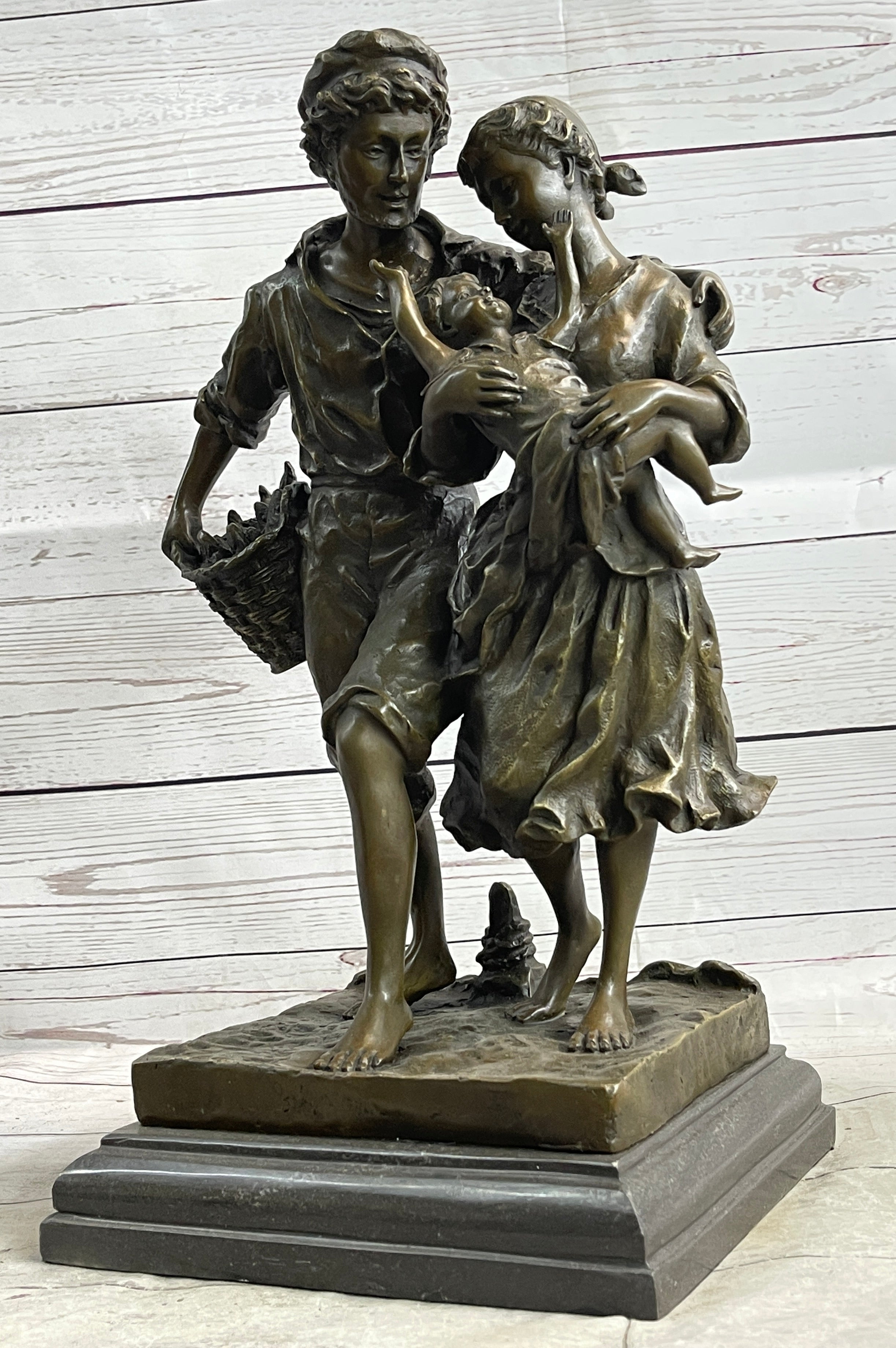Fisherman Family Bronze Sculpture Romantic Figure 16" x 8"
