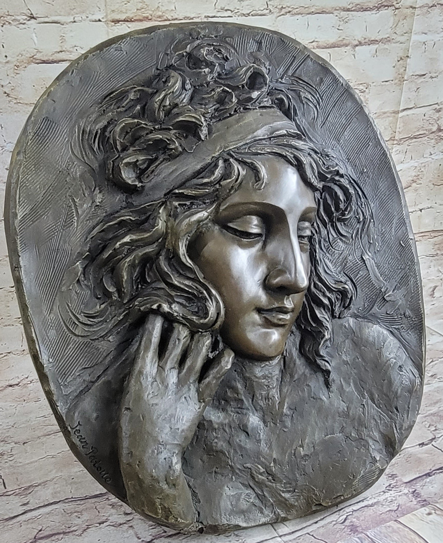Art Nouveau Bronze Wall Hanging Portrait of Woman by Jean Patoue