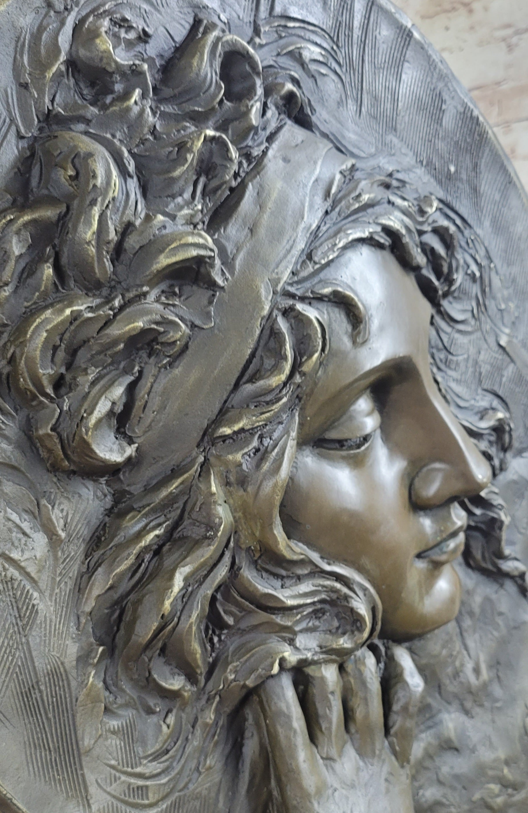 Art Nouveau Bronze Wall Hanging Portrait of Woman by Jean Patoue