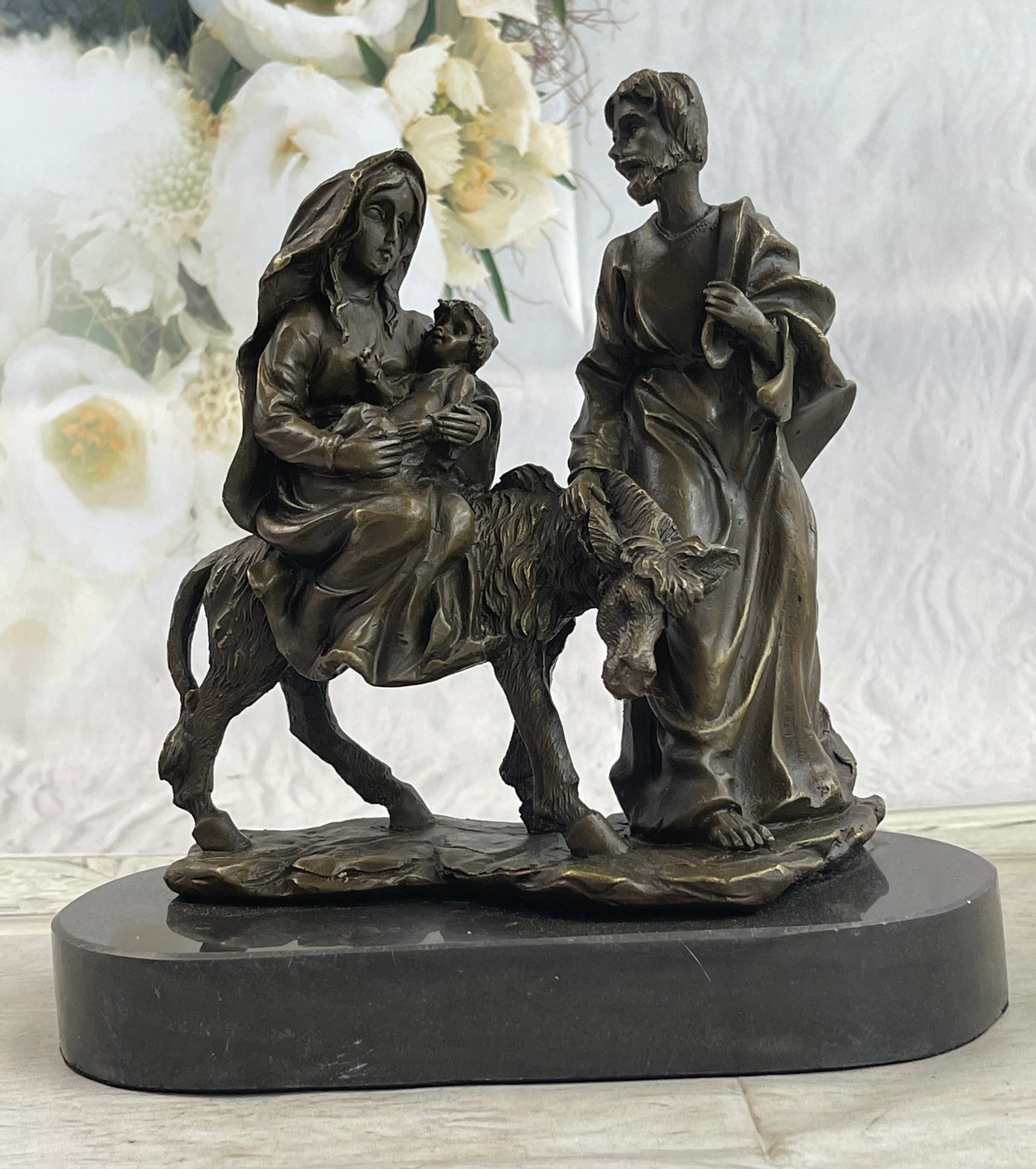 Signed Flight into Egypt Biblical Event Holly Family Bronze