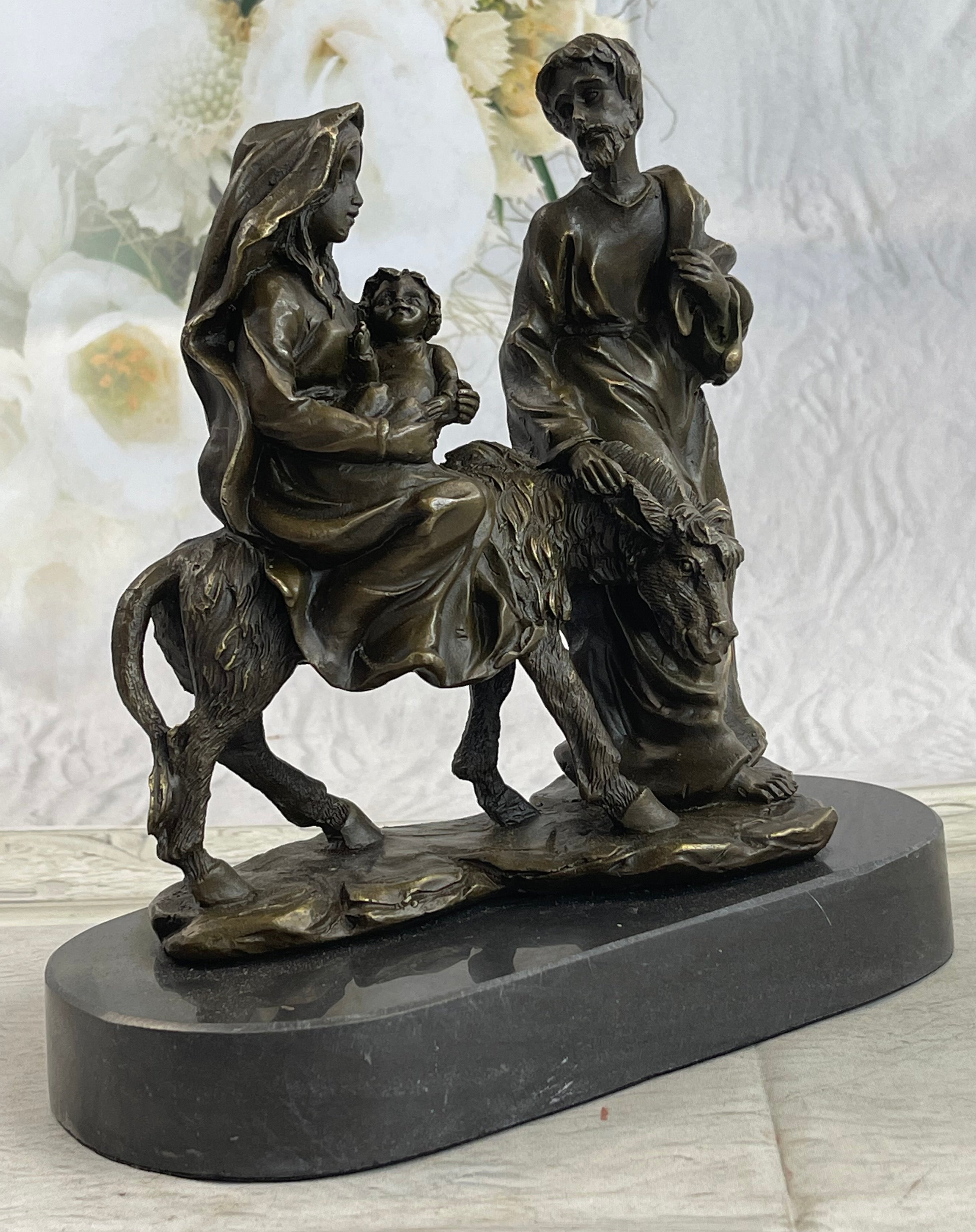 Signed Flight into Egypt Biblical Event Holly Family Bronze