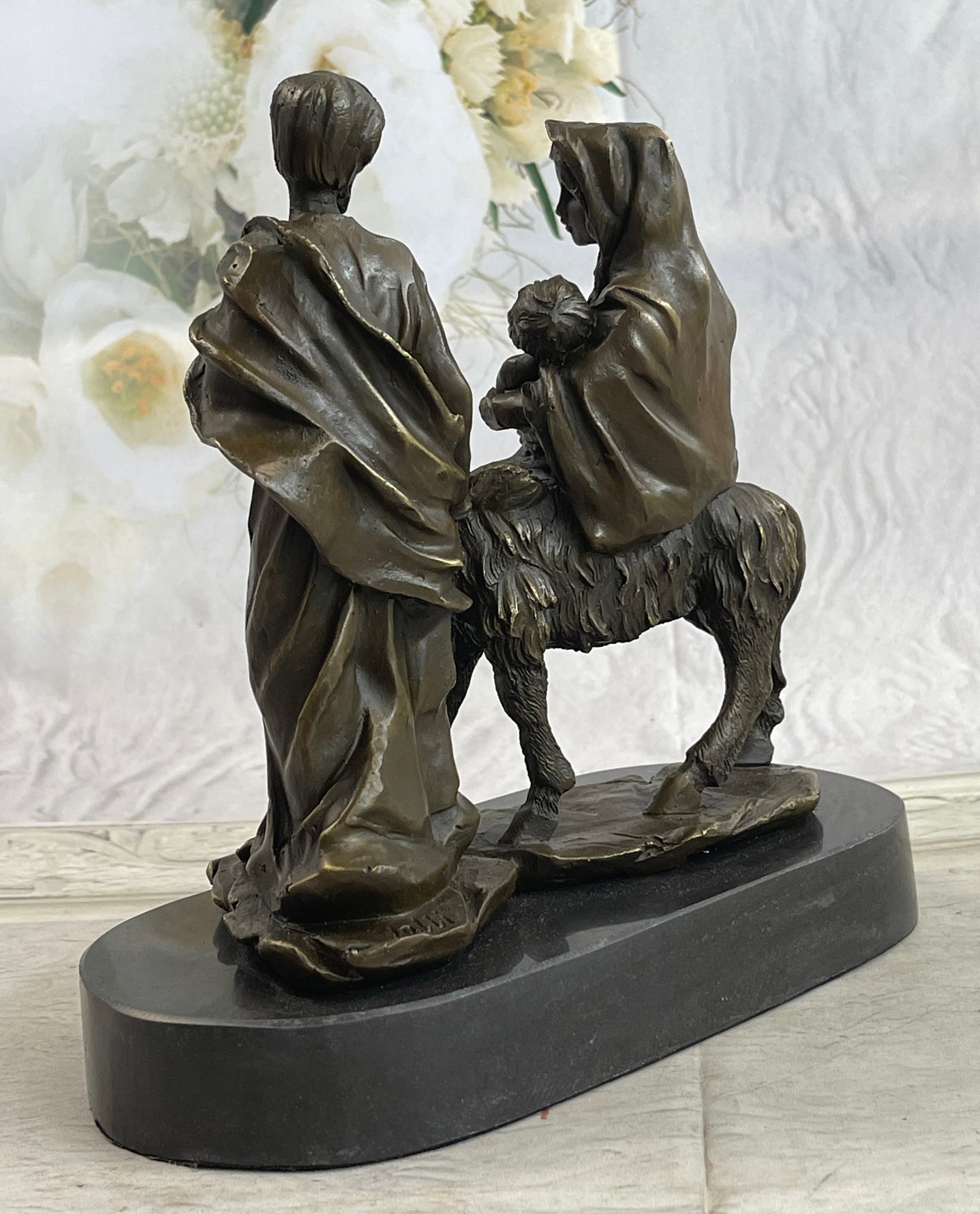 Signed Flight into Egypt Biblical Event Holly Family Bronze