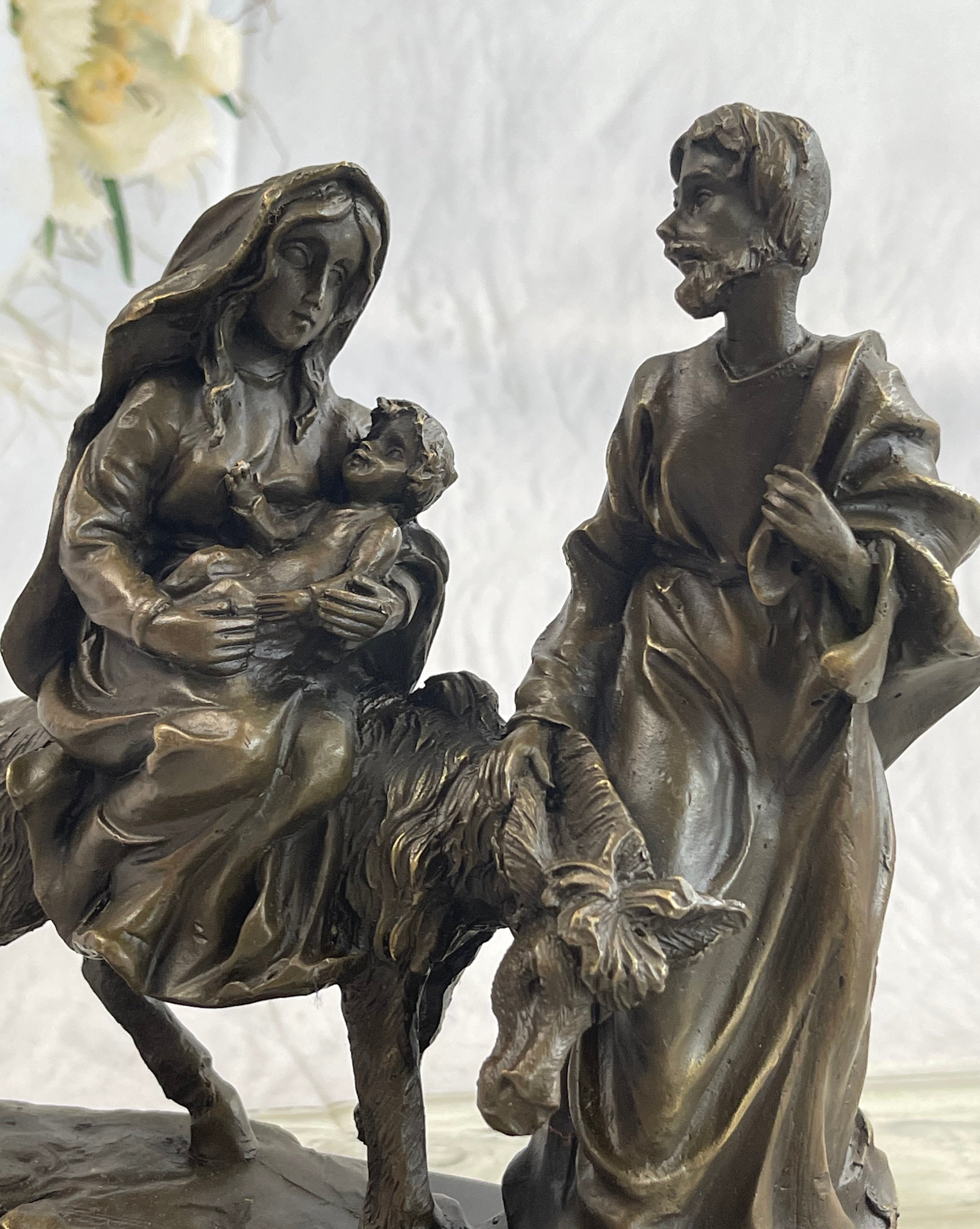 Signed Flight into Egypt Biblical Event Holly Family Bronze