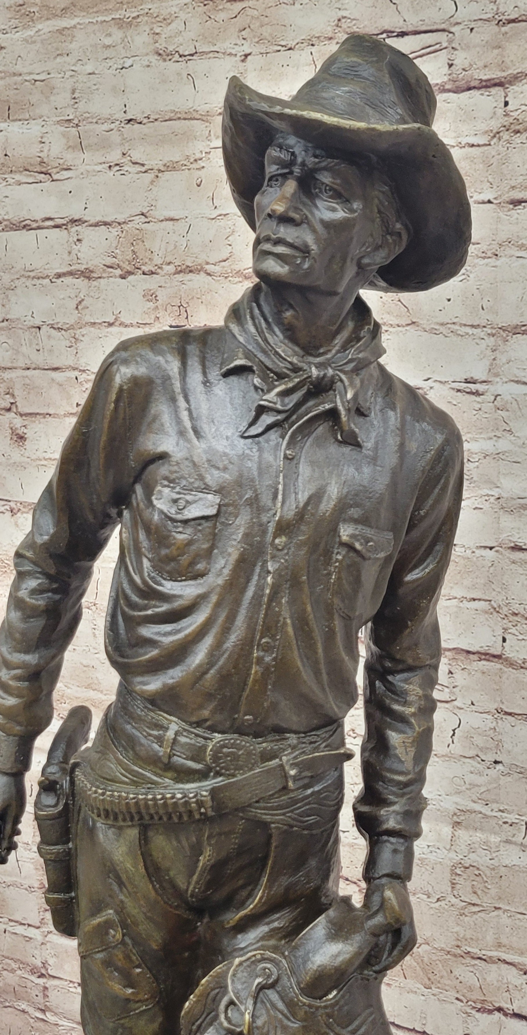 Cowboy Holding Horse Saddle - Western Art Bronze Sculpture