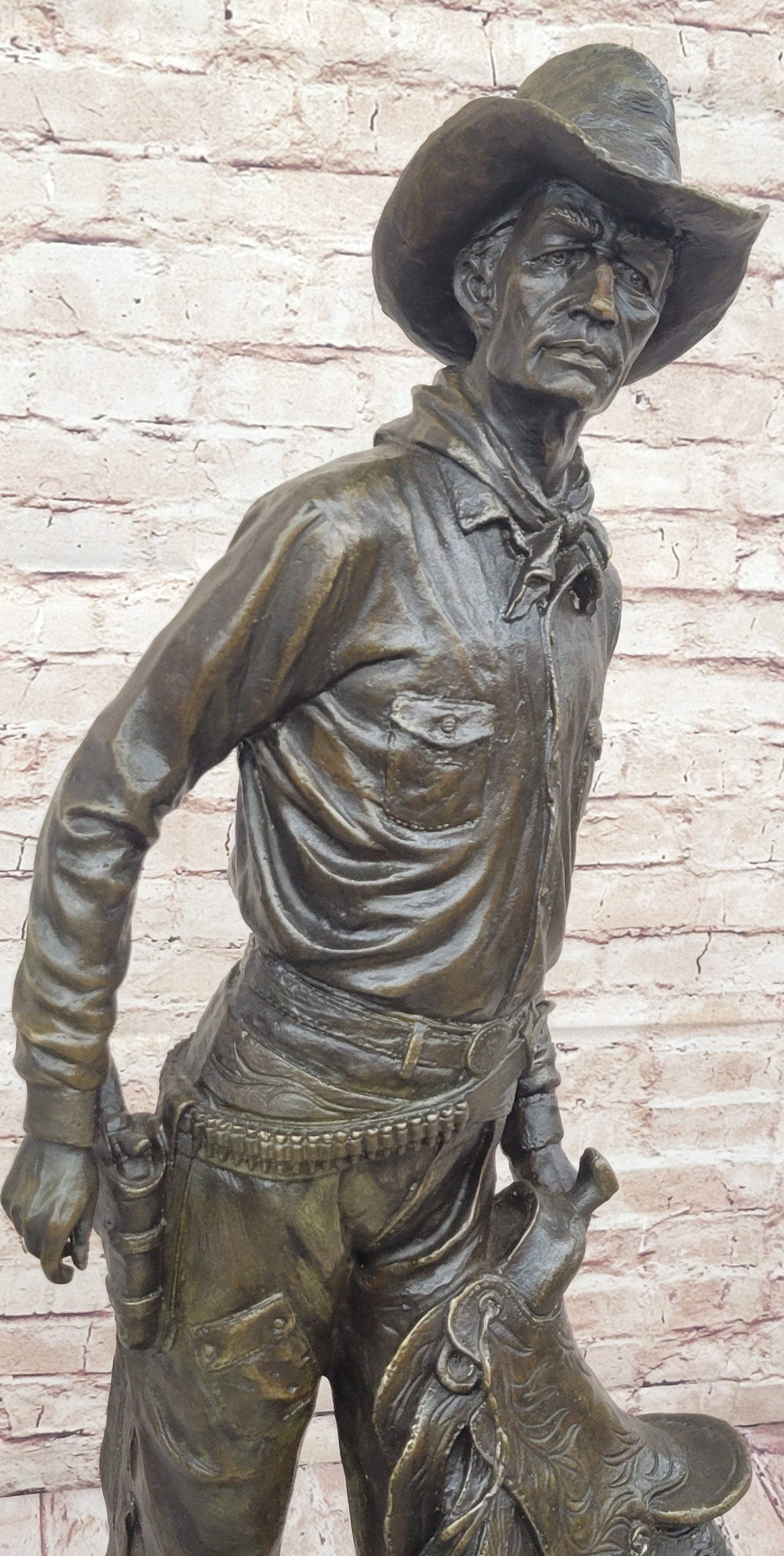 Cowboy Holding Horse Saddle - Western Art Bronze Sculpture