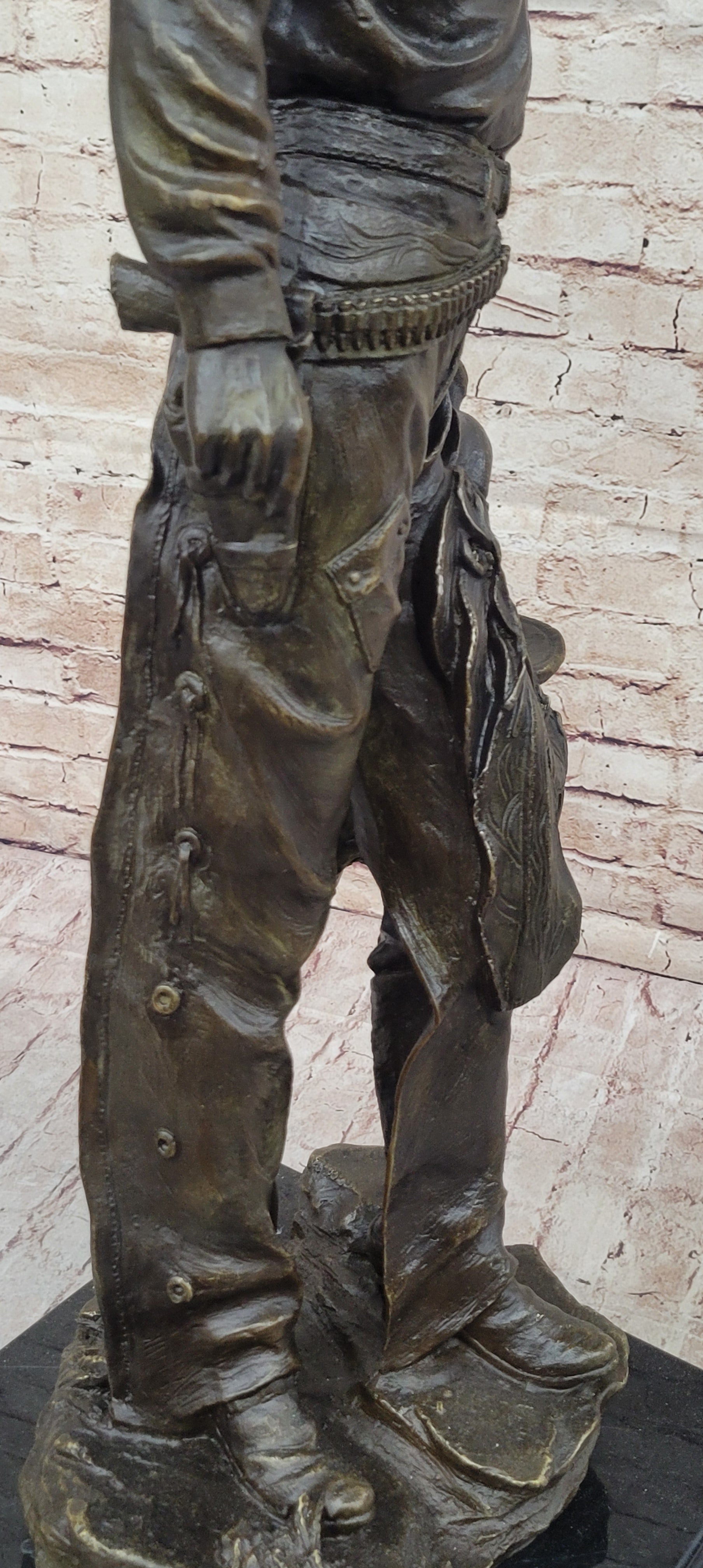 Cowboy Holding Horse Saddle - Western Art Bronze Sculpture