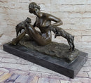 Nude Young Woman w/ Pet Goats Bronze Sculpture Art Deco Figural