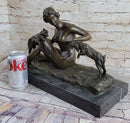 Nude Young Woman w/ Pet Goats Bronze Sculpture Art Deco Figural