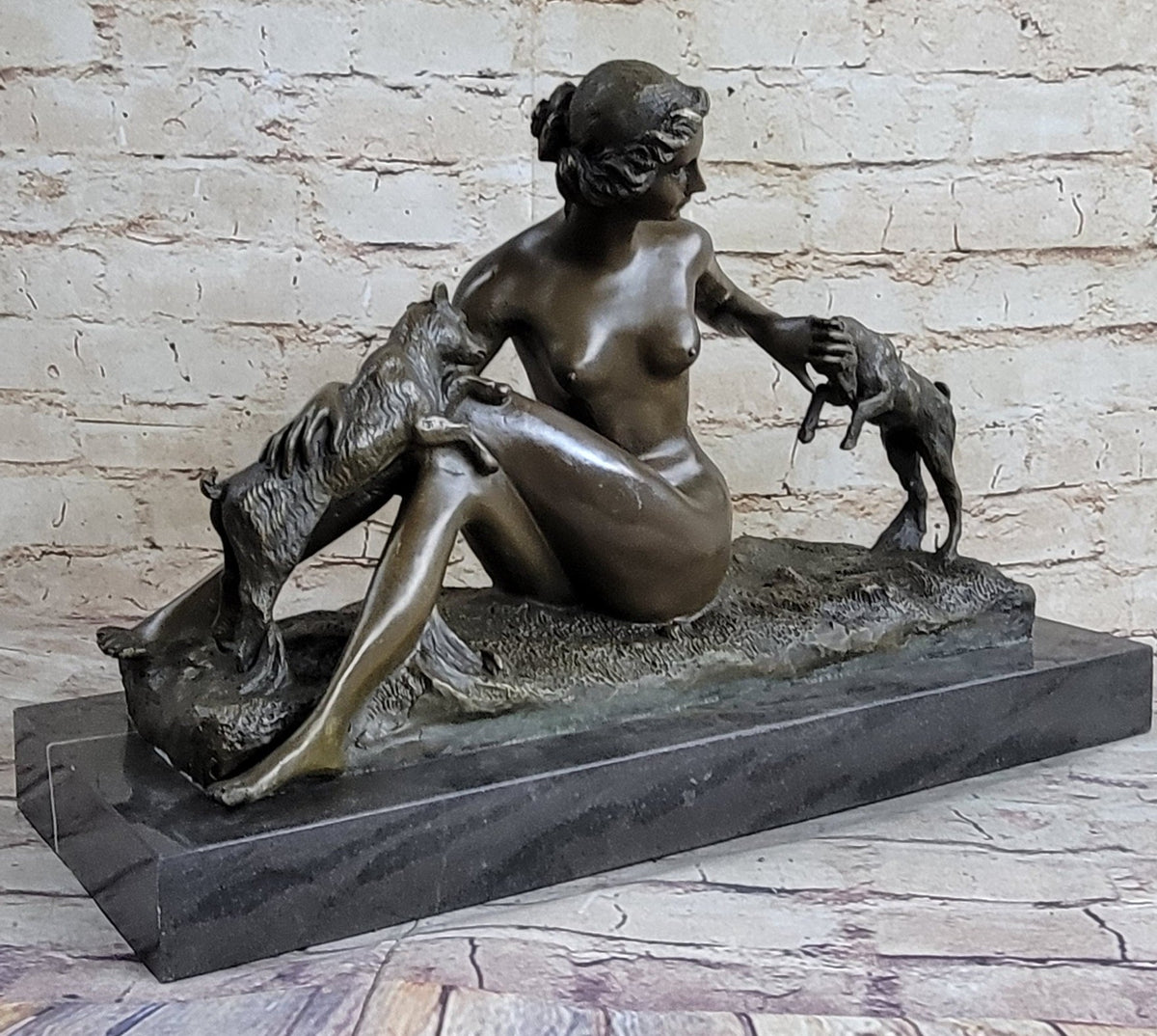 Nude Young Woman w/ Pet Goats Bronze Sculpture Art Deco Figural