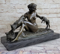 Nude Young Woman w/ Pet Goats Bronze Sculpture Art Deco Figural