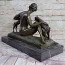 Nude Young Woman w/ Pet Goats Bronze Sculpture Art Deco Figural
