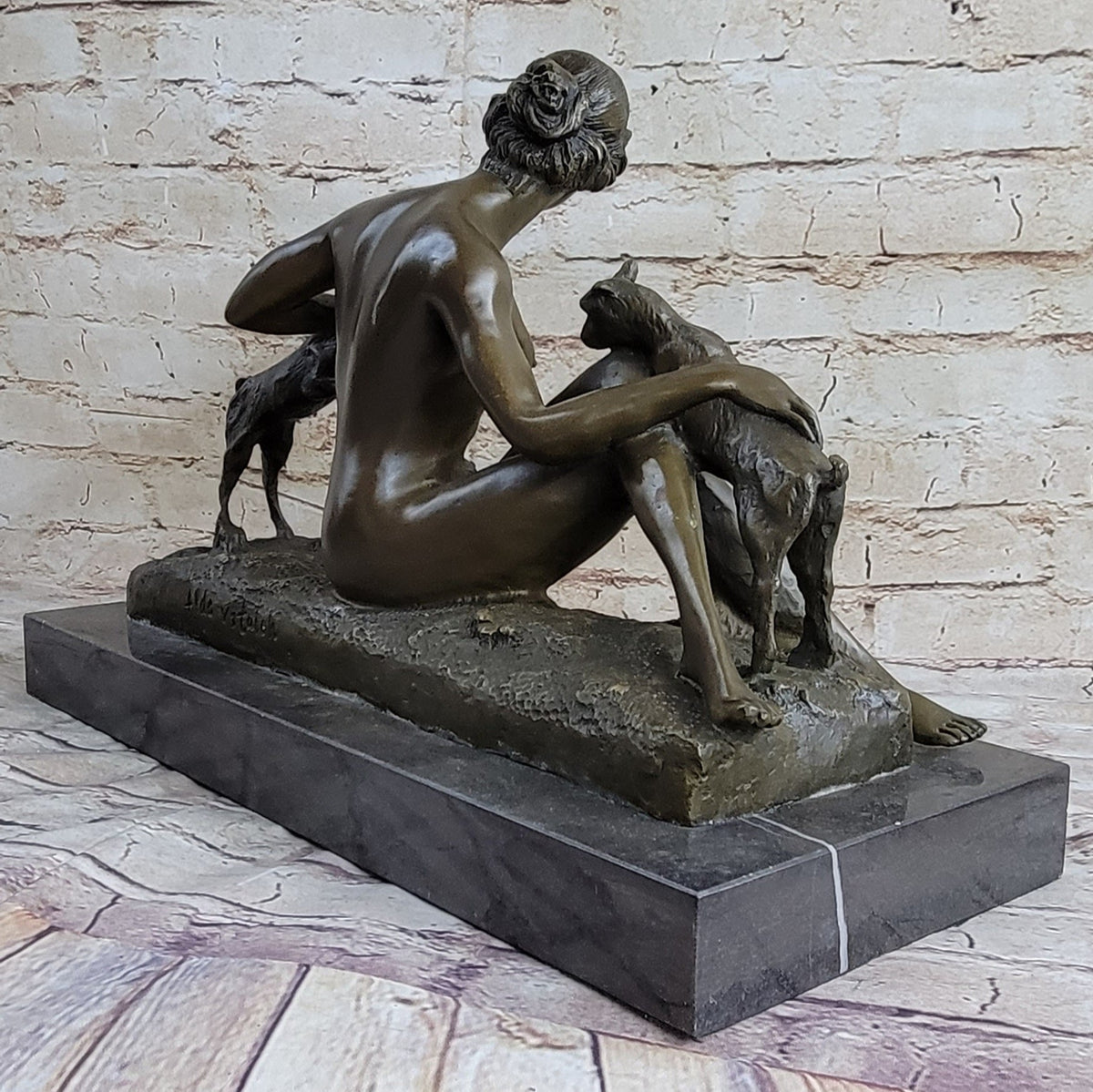 Nude Young Woman w/ Pet Goats Bronze Sculpture Art Deco Figural