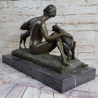 Nude Young Woman w/ Pet Goats Bronze Sculpture Art Deco Figural