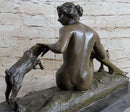 Nude Young Woman w/ Pet Goats Bronze Sculpture Art Deco Figural