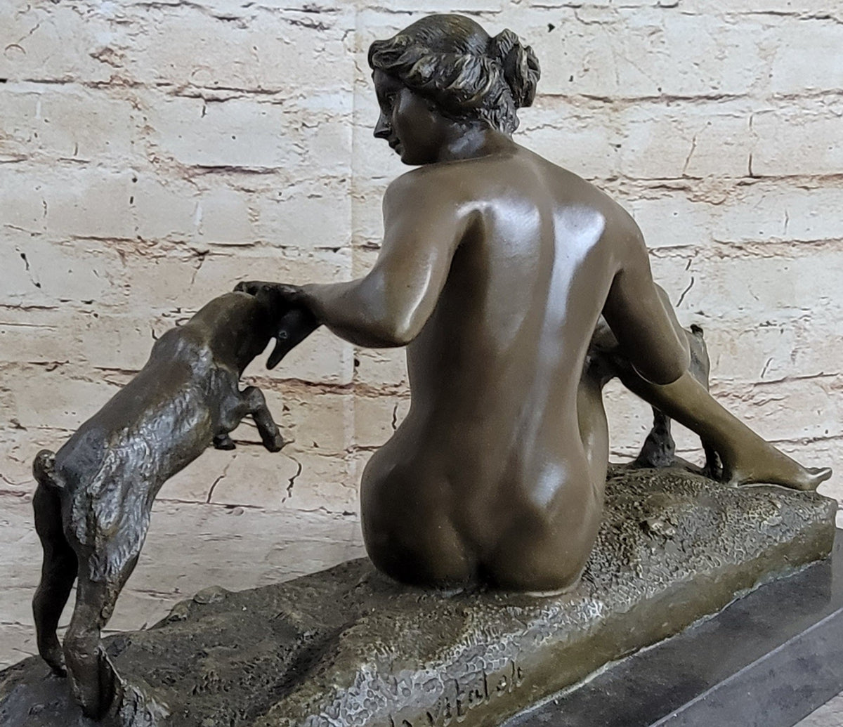 Nude Young Woman w/ Pet Goats Bronze Sculpture Art Deco Figural