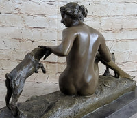 Nude Young Woman w/ Pet Goats Bronze Sculpture Art Deco Figural