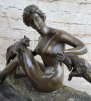 Nude Young Woman w/ Pet Goats Bronze Sculpture Art Deco Figural