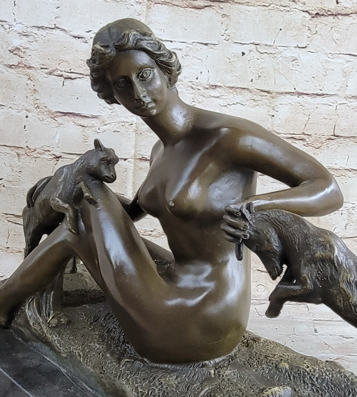 Nude Young Woman w/ Pet Goats Bronze Sculpture Art Deco Figural