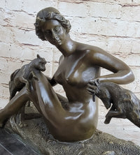Nude Young Woman w/ Pet Goats Bronze Sculpture Art Deco Figural