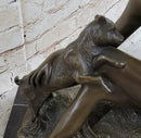 Nude Young Woman w/ Pet Goats Bronze Sculpture Art Deco Figural