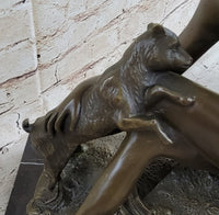 Nude Young Woman w/ Pet Goats Bronze Sculpture Art Deco Figural