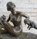 Nude Young Woman w/ Pet Goats Bronze Sculpture Art Deco Figural