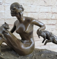 Nude Young Woman w/ Pet Goats Bronze Sculpture Art Deco Figural