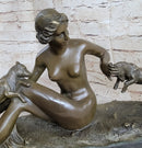 Nude Young Woman w/ Pet Goats Bronze Sculpture Art Deco Figural