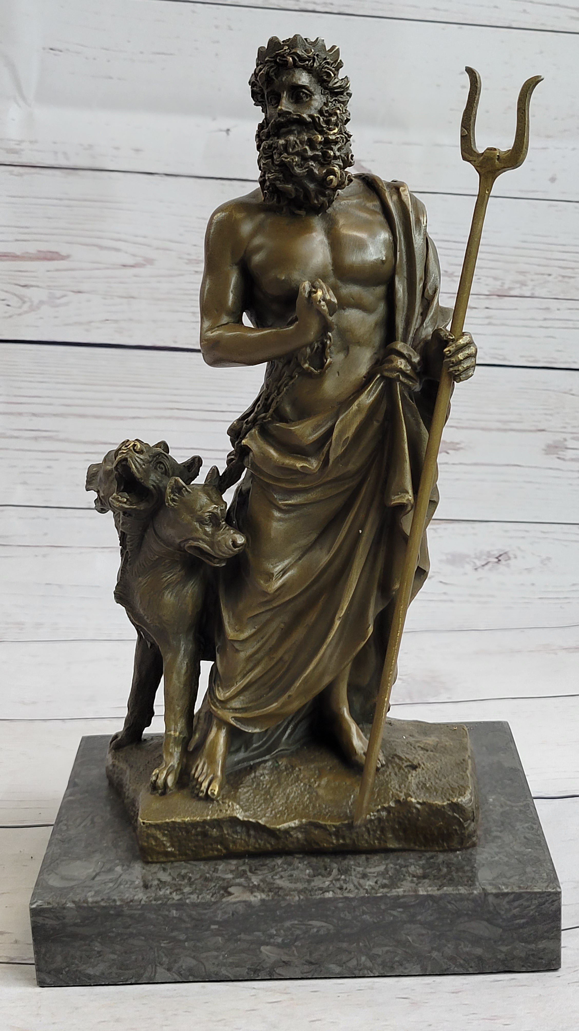 Signed Phidas Hades Pluto Bronze Sculpture with 3 Headed Dog