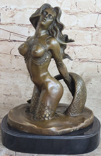 Signed Sexy Nude Mermaid Bronze Sculpture Mythical Marble