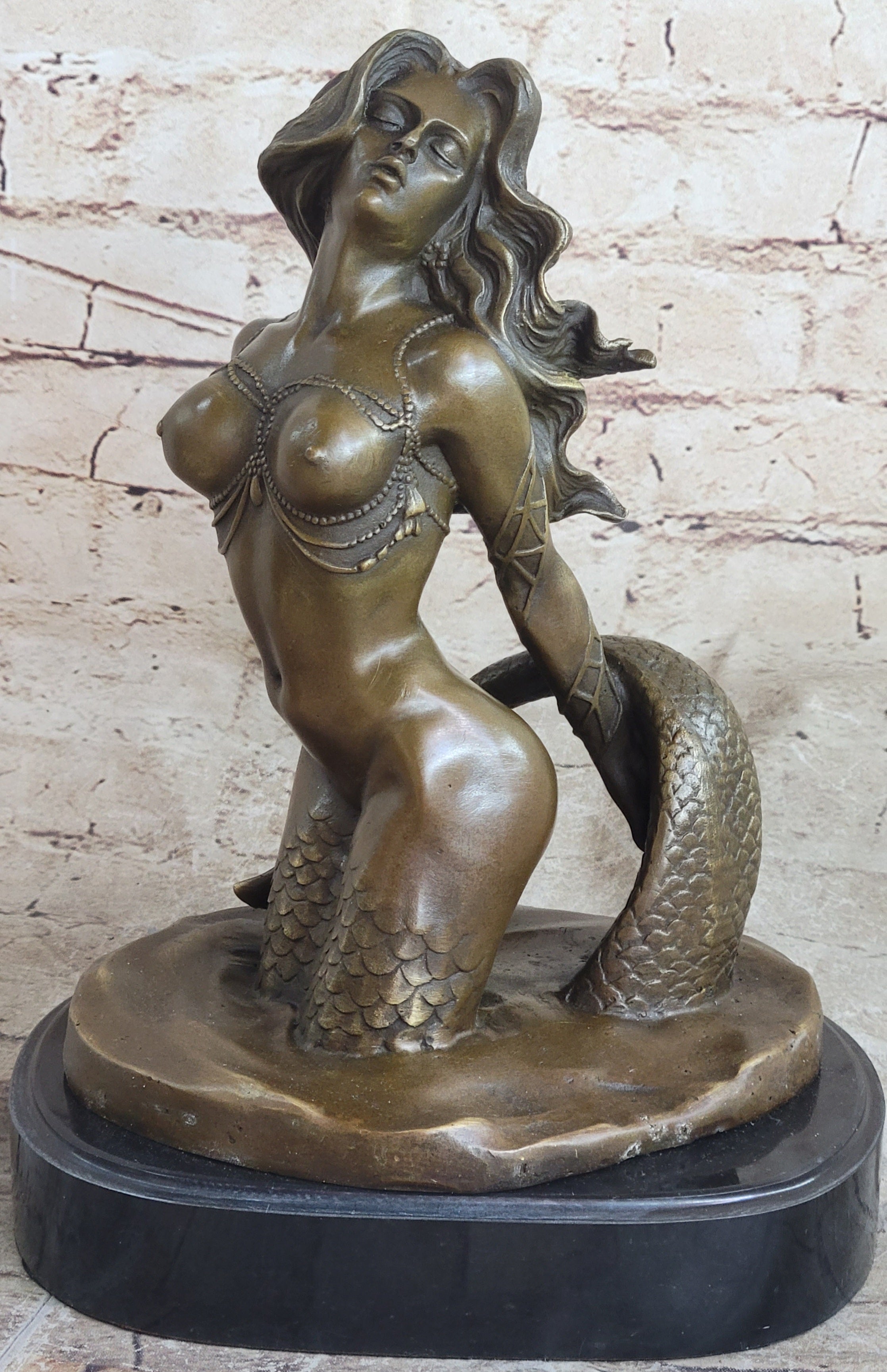 Signed Sexy Nude Mermaid Bronze Sculpture Mythical Marble