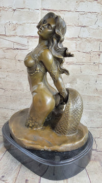 Signed Sexy Nude Mermaid Bronze Sculpture Mythical Marble